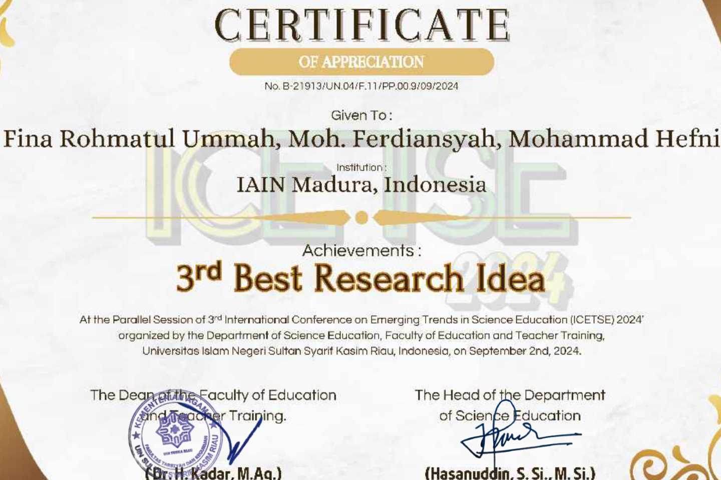 Mahasiswa Tadris IPA IAIN Madura Raih Penghargaan Internasional untuk Kategori "Best Research Idea"